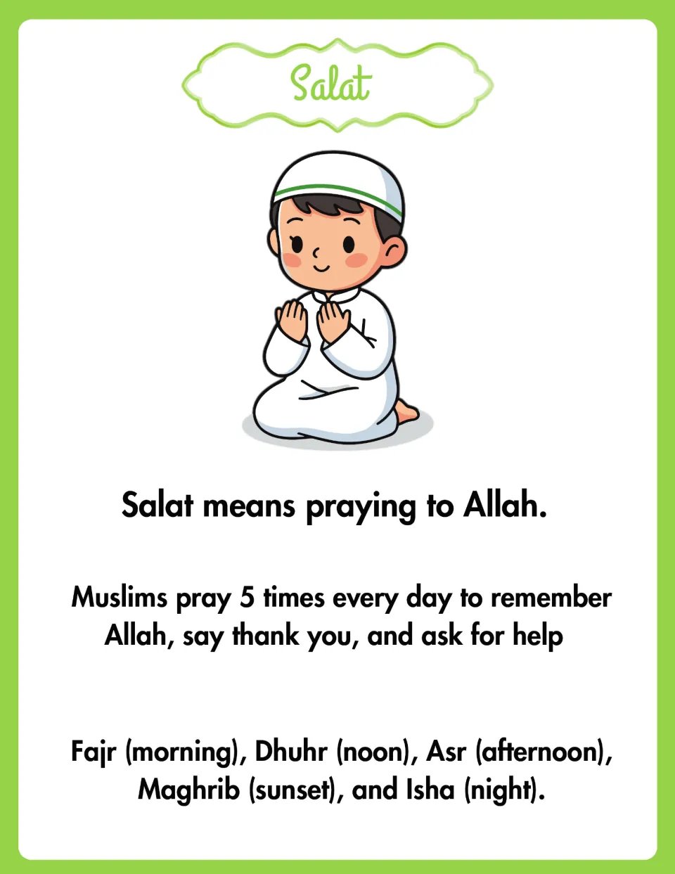 Salat: boy kneeling in prayer, explaining Muslims pray 5 times daily and naming Fajr, Dhuhr, Asr, Maghrib and Isha