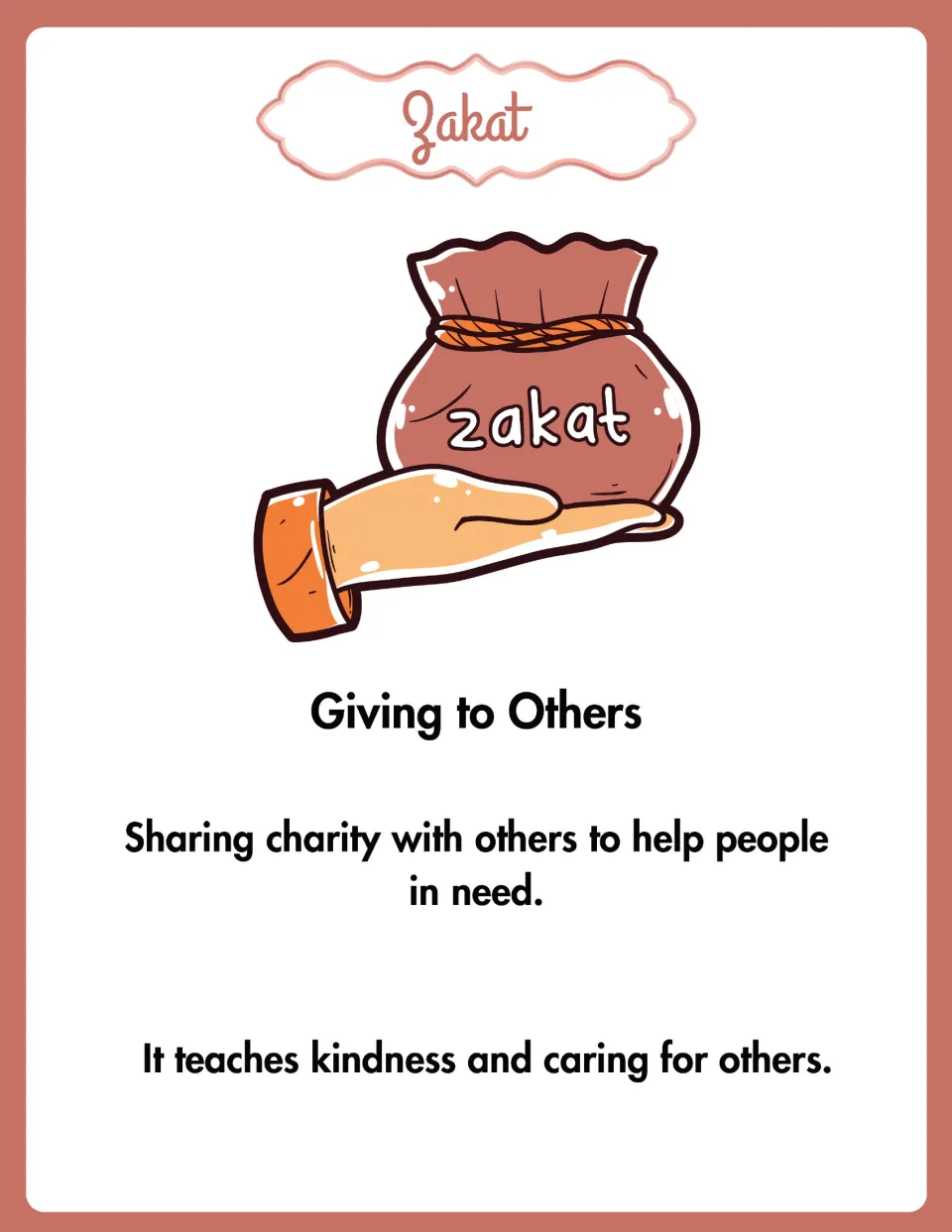 Zakat: a hand holding a zakat bag under Giving to Others, describing charity shared to help people in need