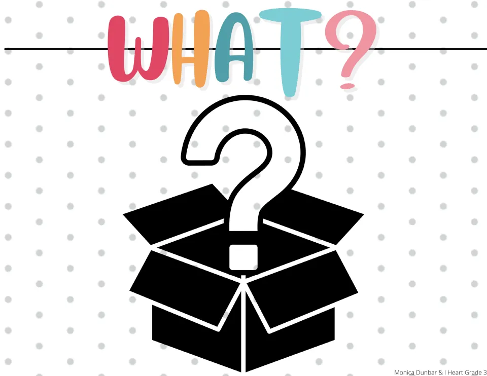 What? question-word poster: an open box with a question mark rising out, cueing students to ask about events