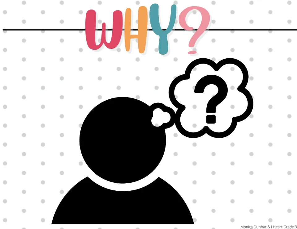 Why? question-word poster: a person silhouette with a question mark in a thought bubble, cueing questions about reasons