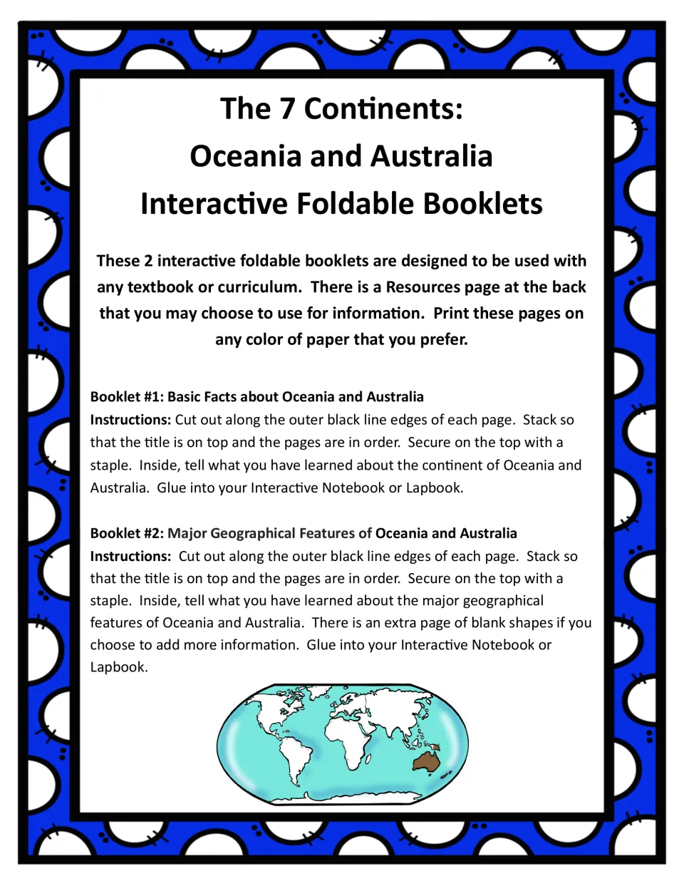 Assembly instructions for two Oceania and Australia booklets: cut, stack, staple, write, and glue into a notebook