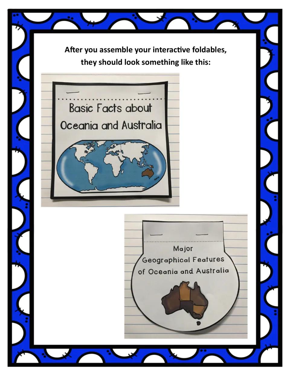 Completed Oceania and Australia booklet examples show the Basic Facts and Major Geographical Features covers