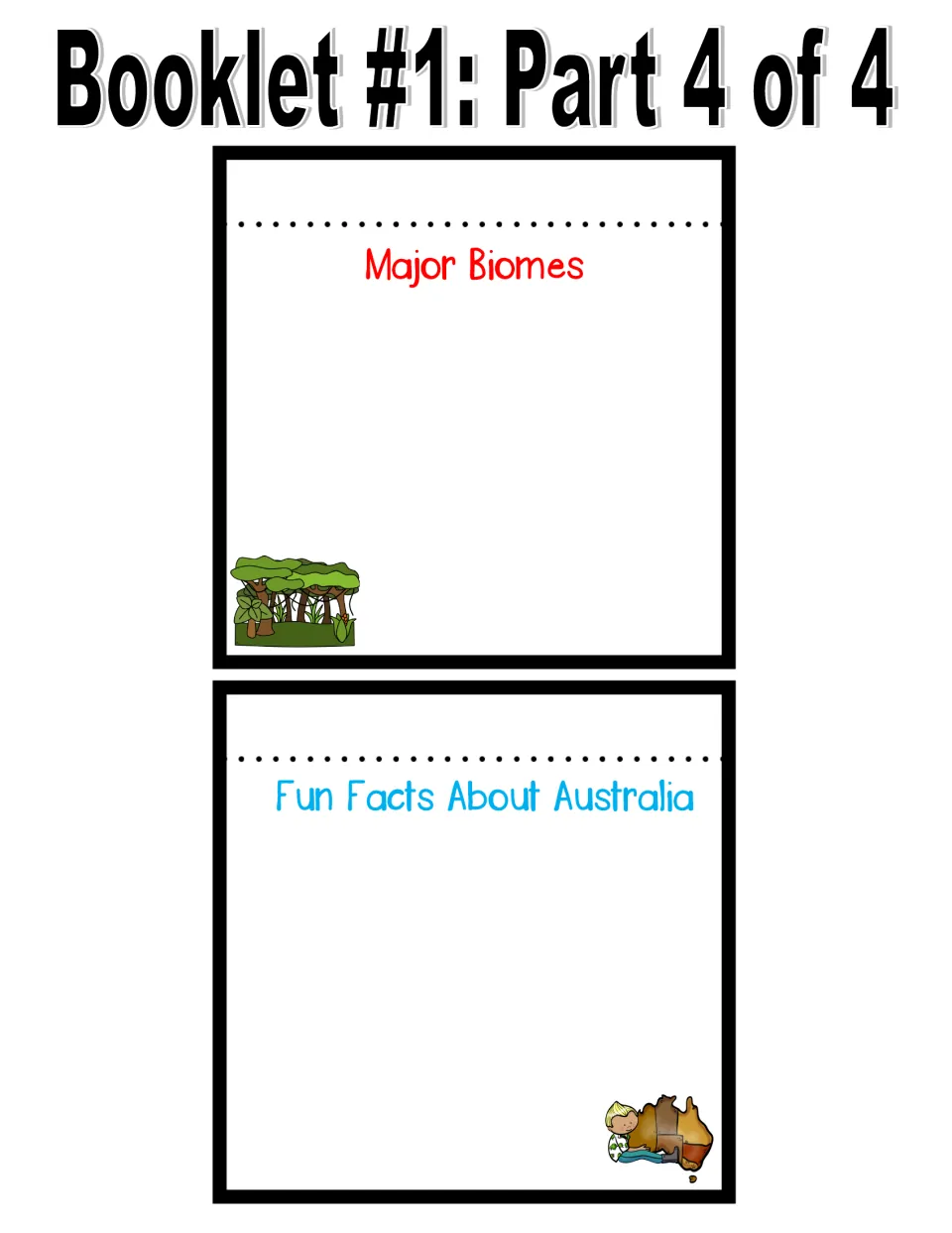 Basic Facts booklet, part 4 of 4: Major Biomes and Fun Facts About Australia prompts for students to complete