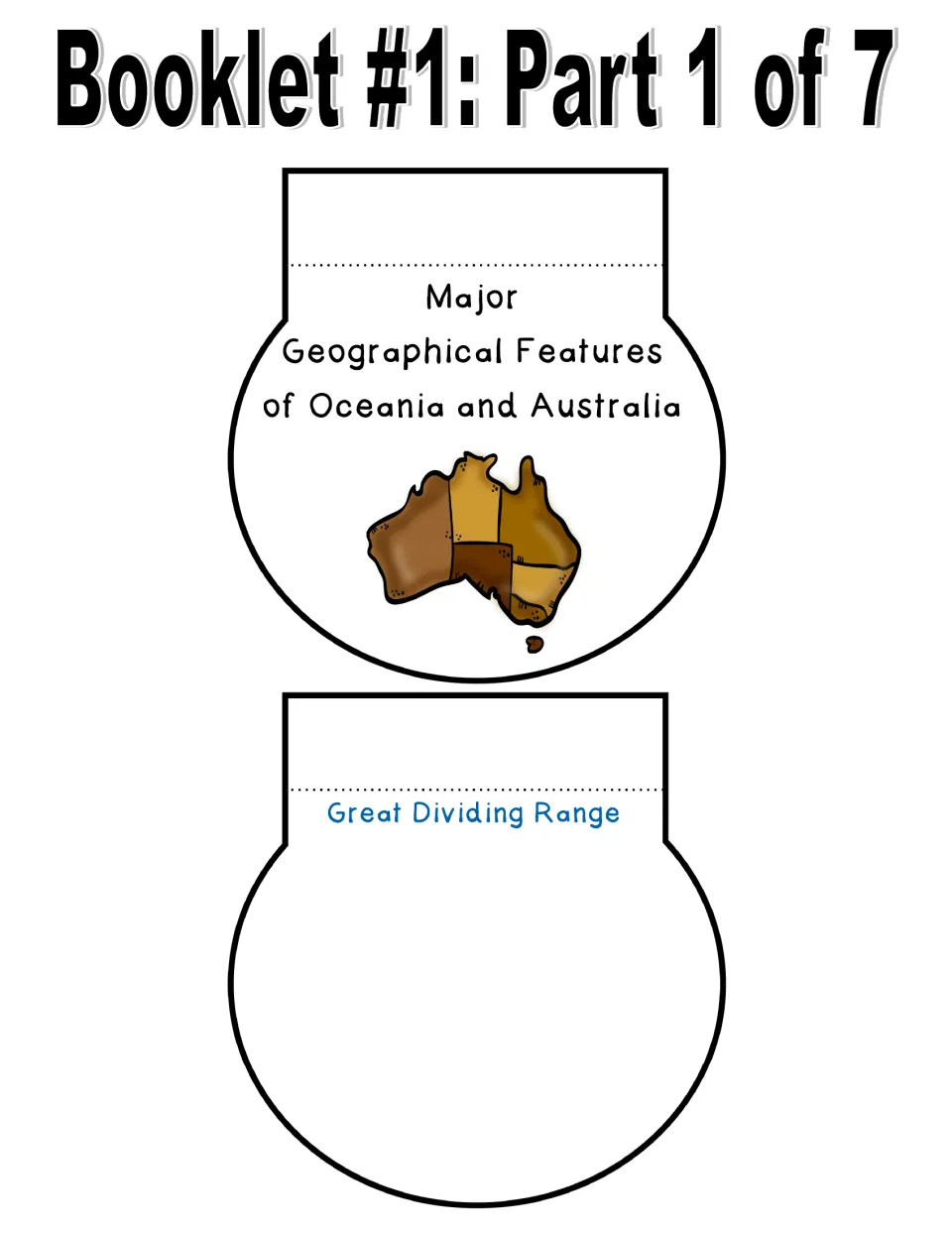Geographical Features booklet, part 1 of 7: Oceania and Australia cover and Great Dividing Range writing prompt