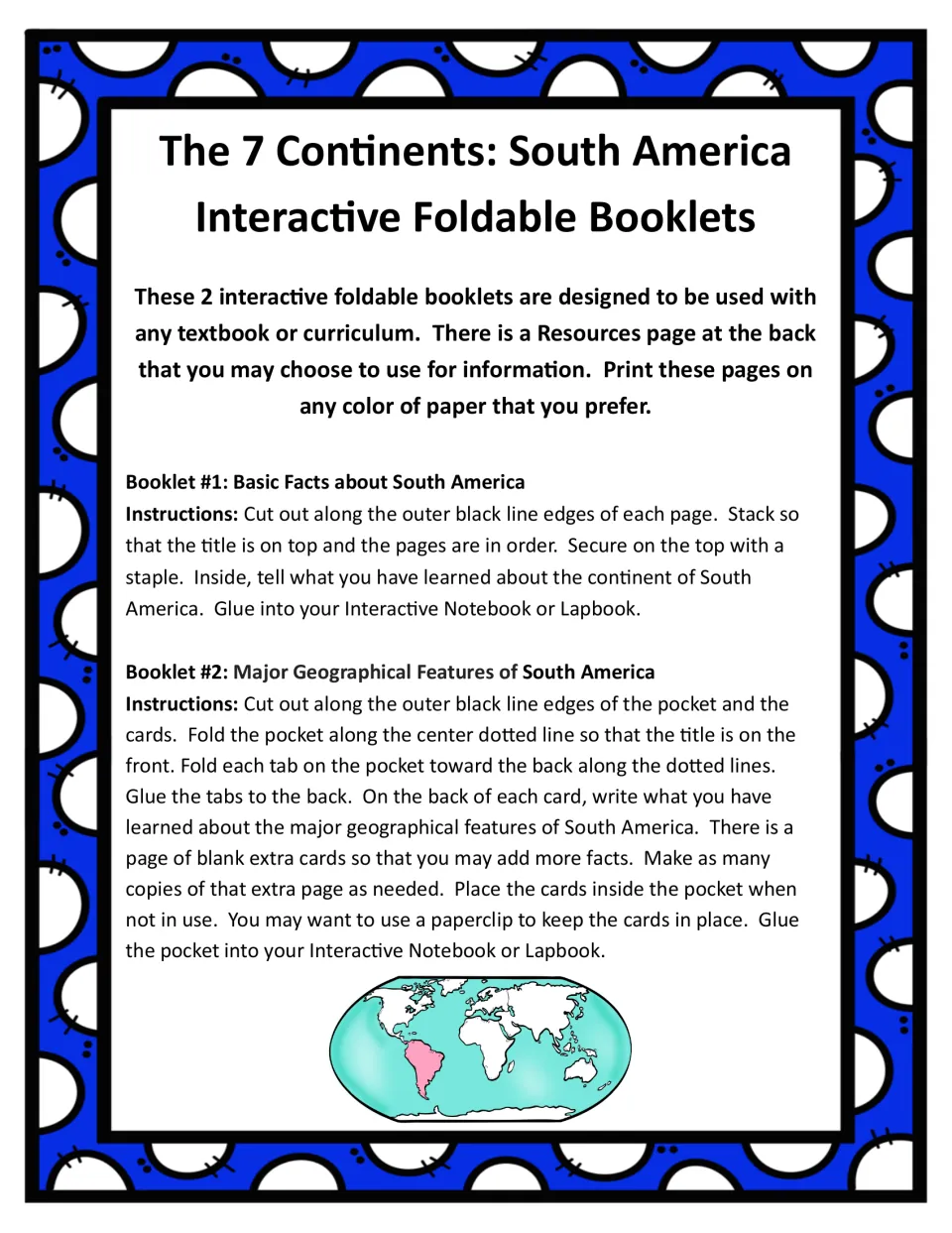 Teacher directions for two South America booklets: cut, stack and staple a basic facts flip book; fold a features pocket