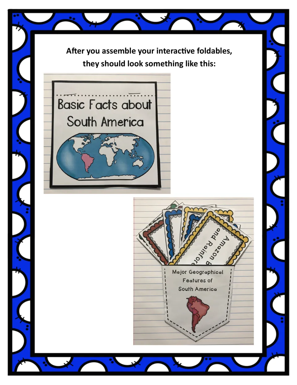 Assembled examples in a notebook: a Basic Facts about South America flip book and a geography pocket holding feature cards