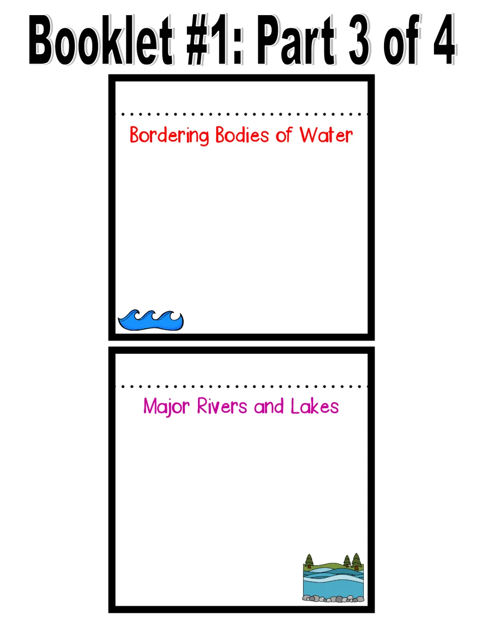 Booklet 1 cut-out pieces: flaps for Bordering Bodies of Water and Major Rivers and Lakes, filled in by students