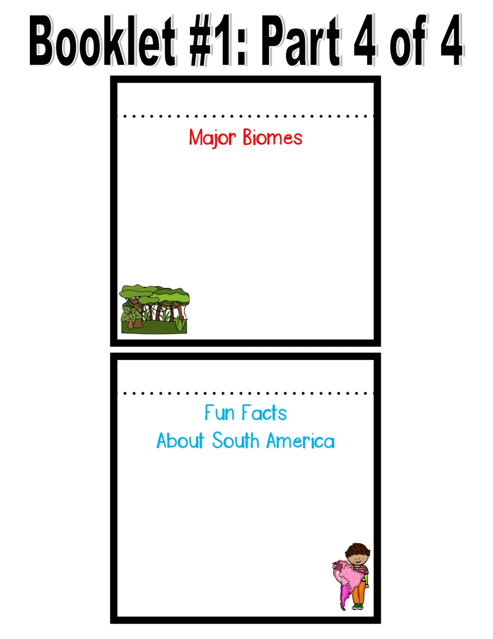 Booklet 1 cut-out pieces: Major Biomes and Fun Facts About South America flaps where students write what they have learned