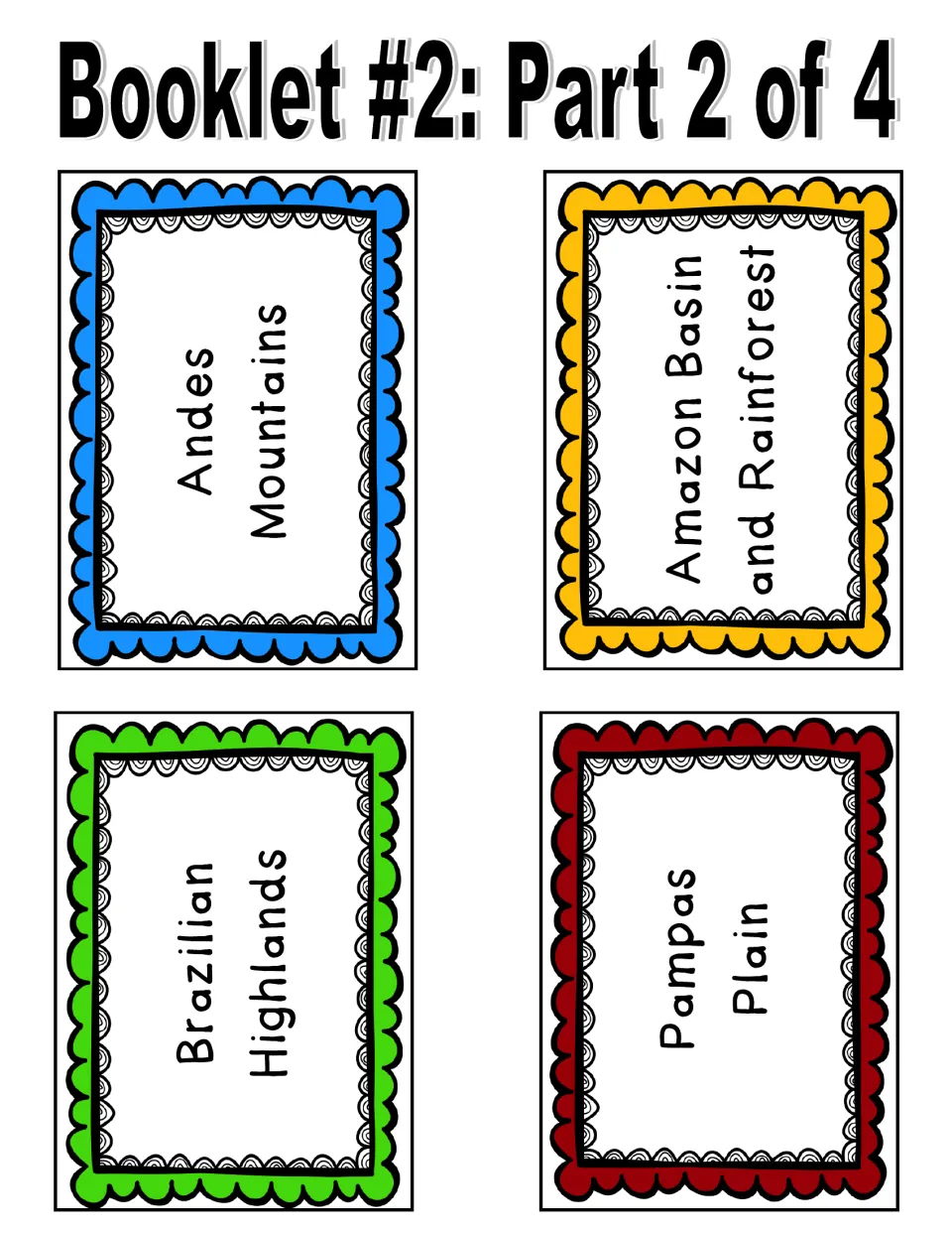 Landform cards to cut out: Andes Mountains, Amazon Basin and Rainforest, Brazilian Highlands and Pampas Plain