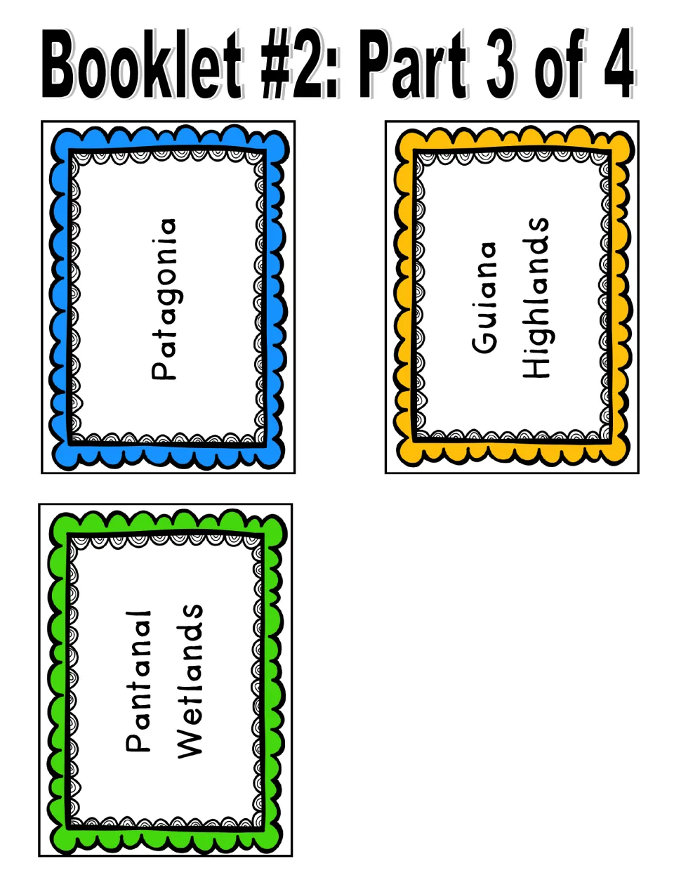 More geographic feature cards to cut out: Patagonia, Guiana Highlands and Pantanal Wetlands, each for facts on the back