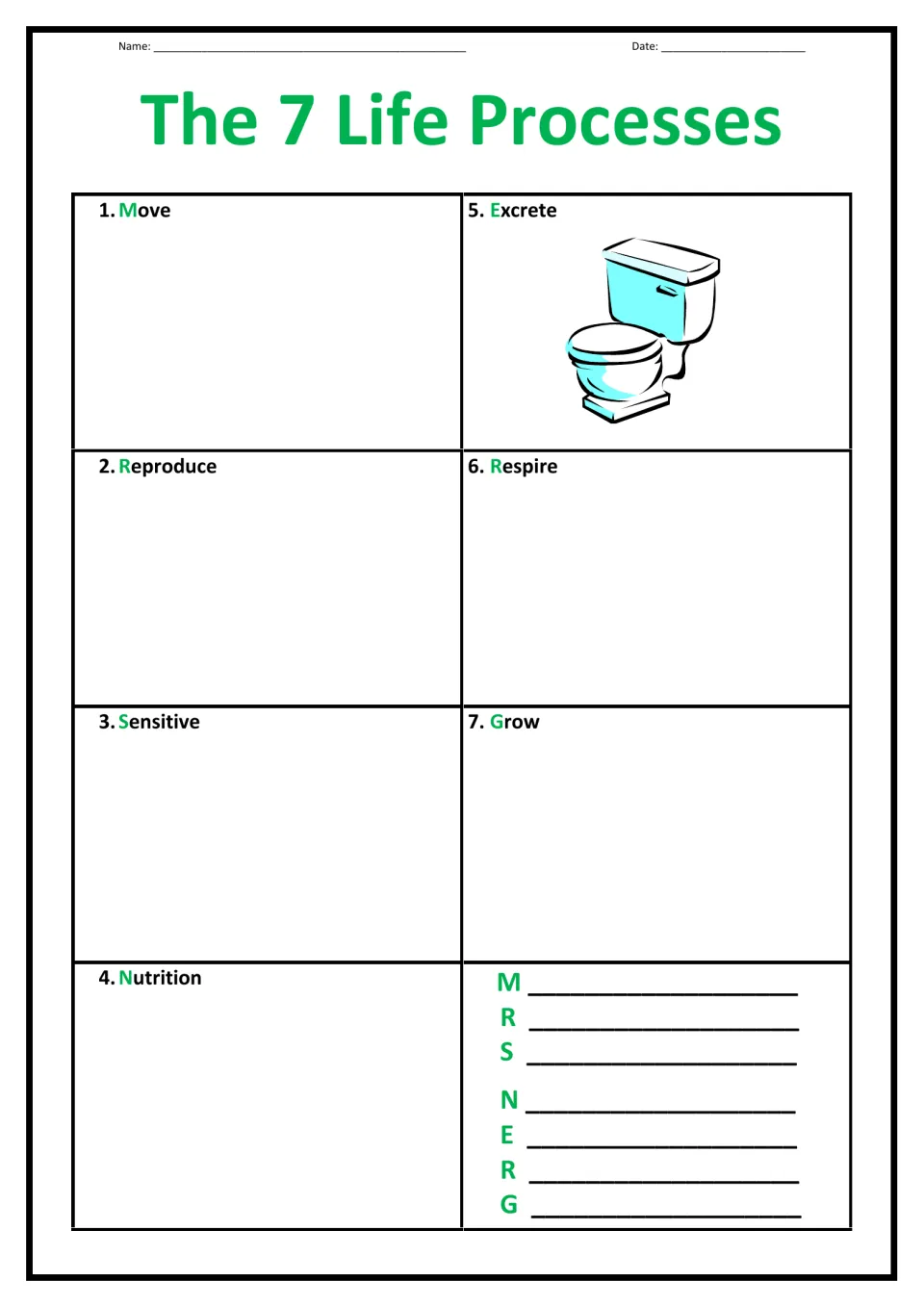 Life processes: students record Move, Reproduce, Sensitive, Nutrition, Excrete, Respire, Grow and the MRS NERG mnemonic