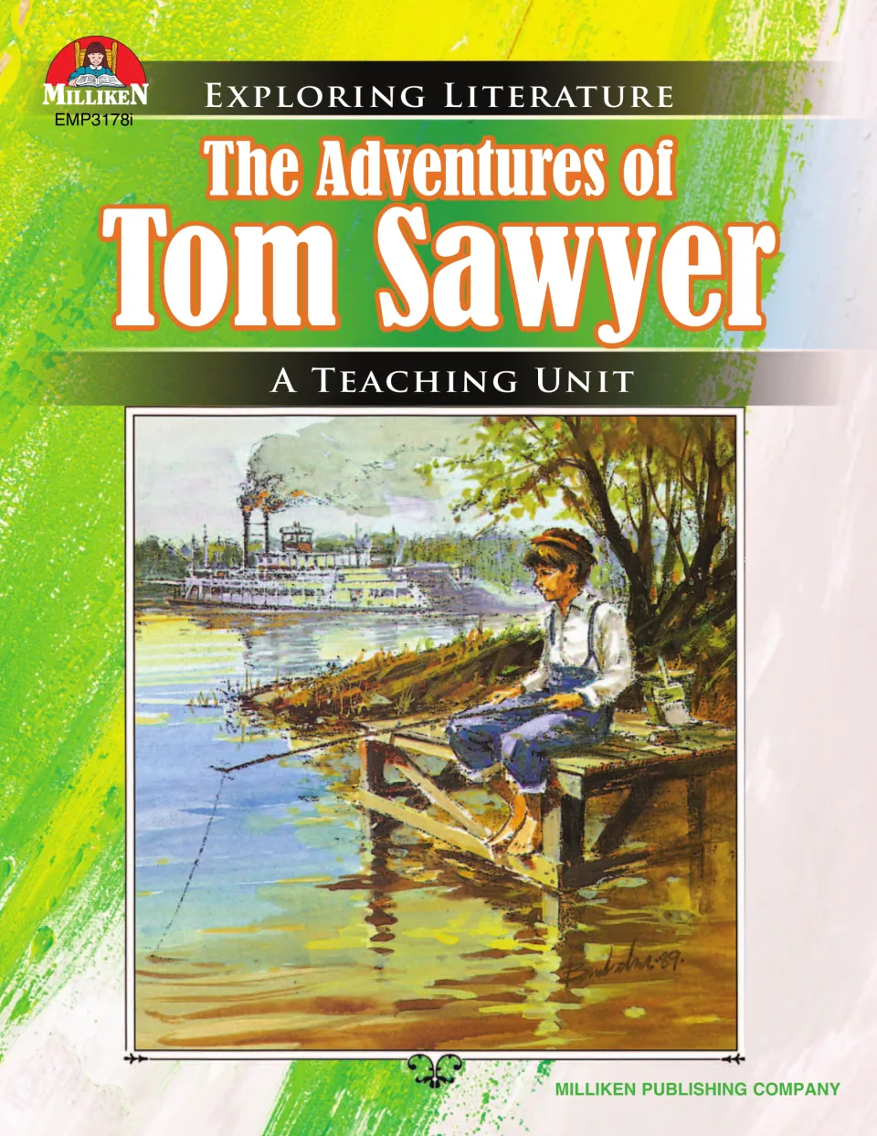 The Adventures of Tom Sawyer teaching unit cover, showing a barefoot boy fishing from a dock as a steamboat passes