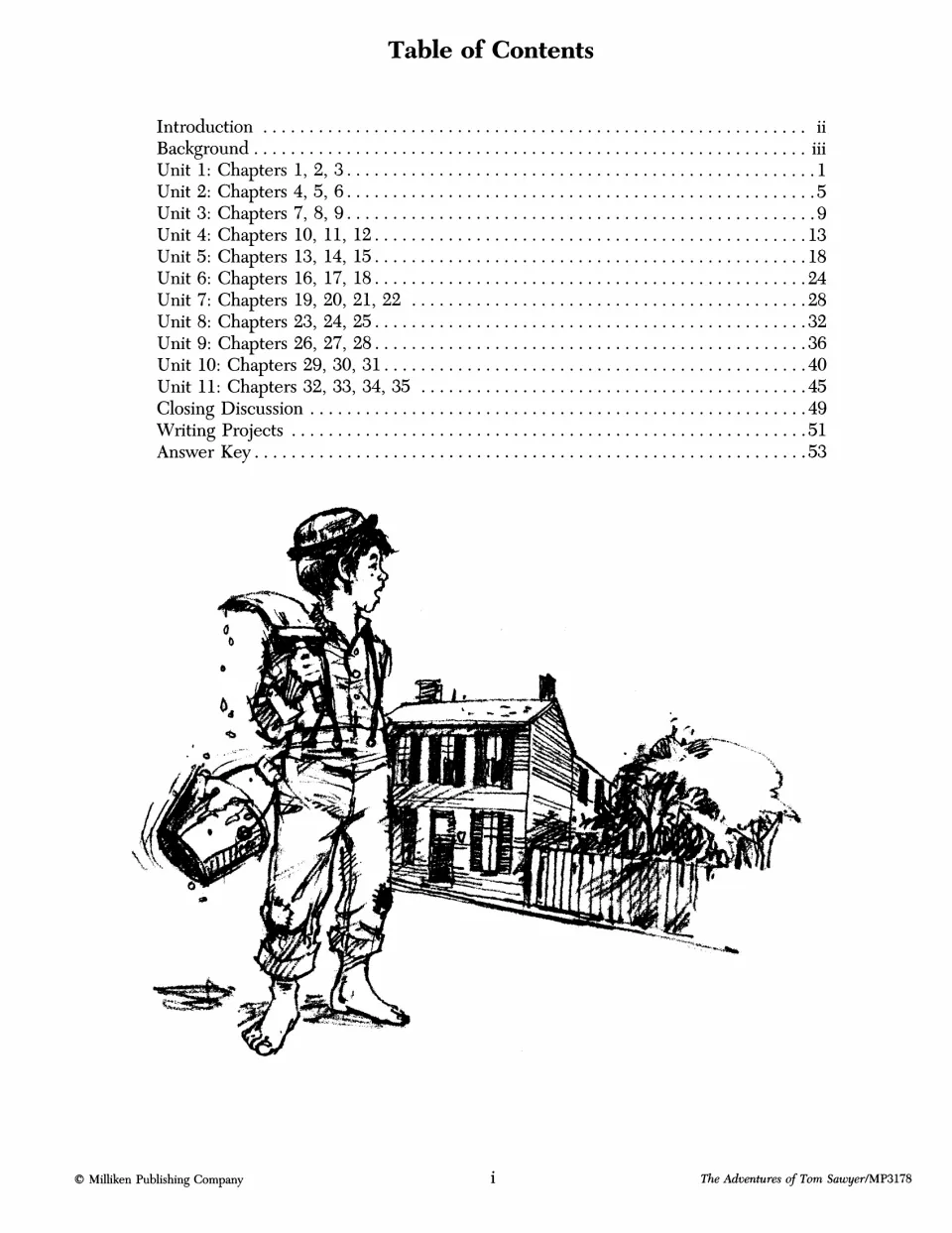 Table of contents listing Units 1–11 by chapter, Closing Discussion, Writing Projects and Answer Key on page 53