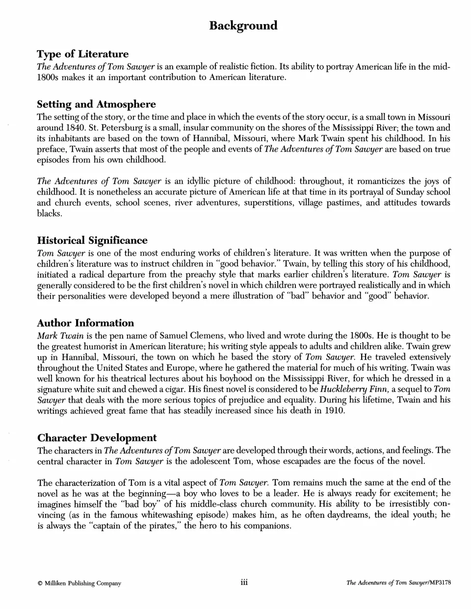 Background notes on the novel: type of literature, setting in St. Petersburg, Mark Twain's life and characters
