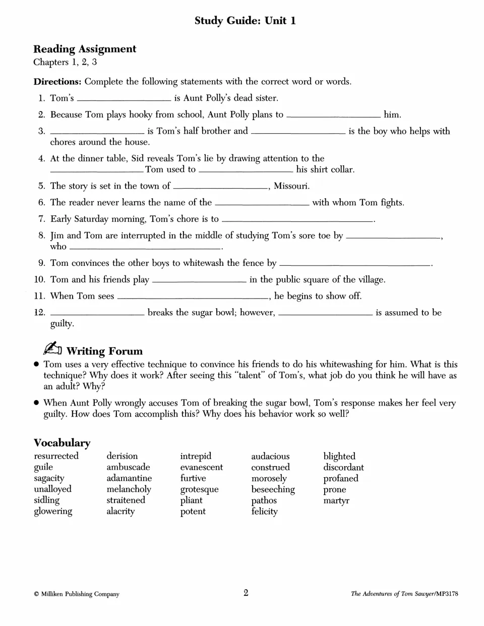 Unit 1 study guide: 12 fill-in statements on Chapters 1–3, two Writing Forum prompts, and 29 vocabulary words