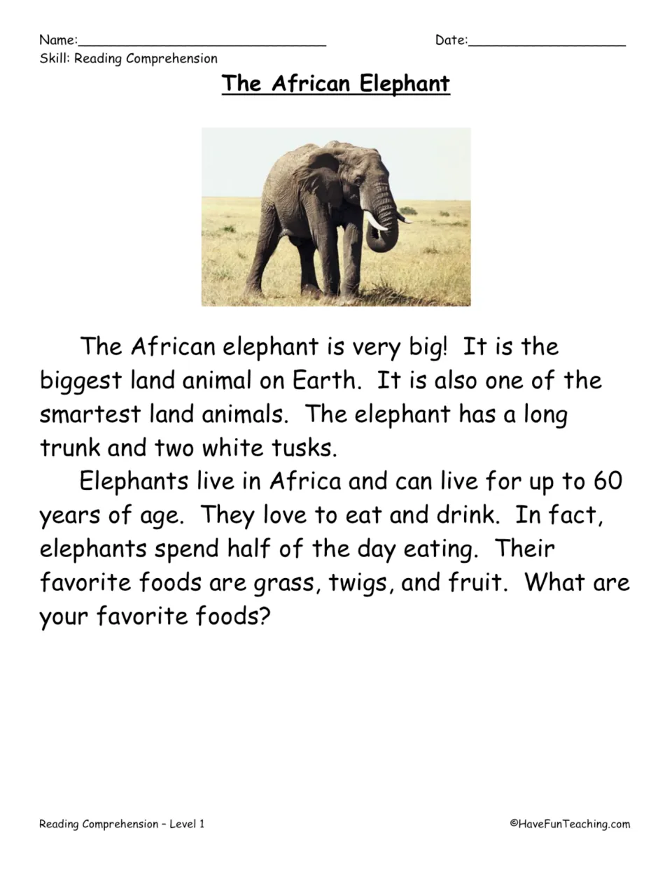 Nonfiction passage about African elephants covering size, intelligence, trunks, tusks, diet, and lifespan.