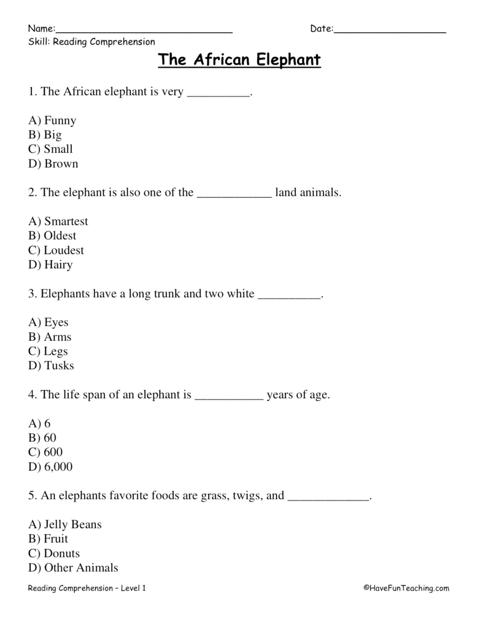 Five multiple-choice questions about elephant size, intelligence, tusks, lifespan, and favorite foods.