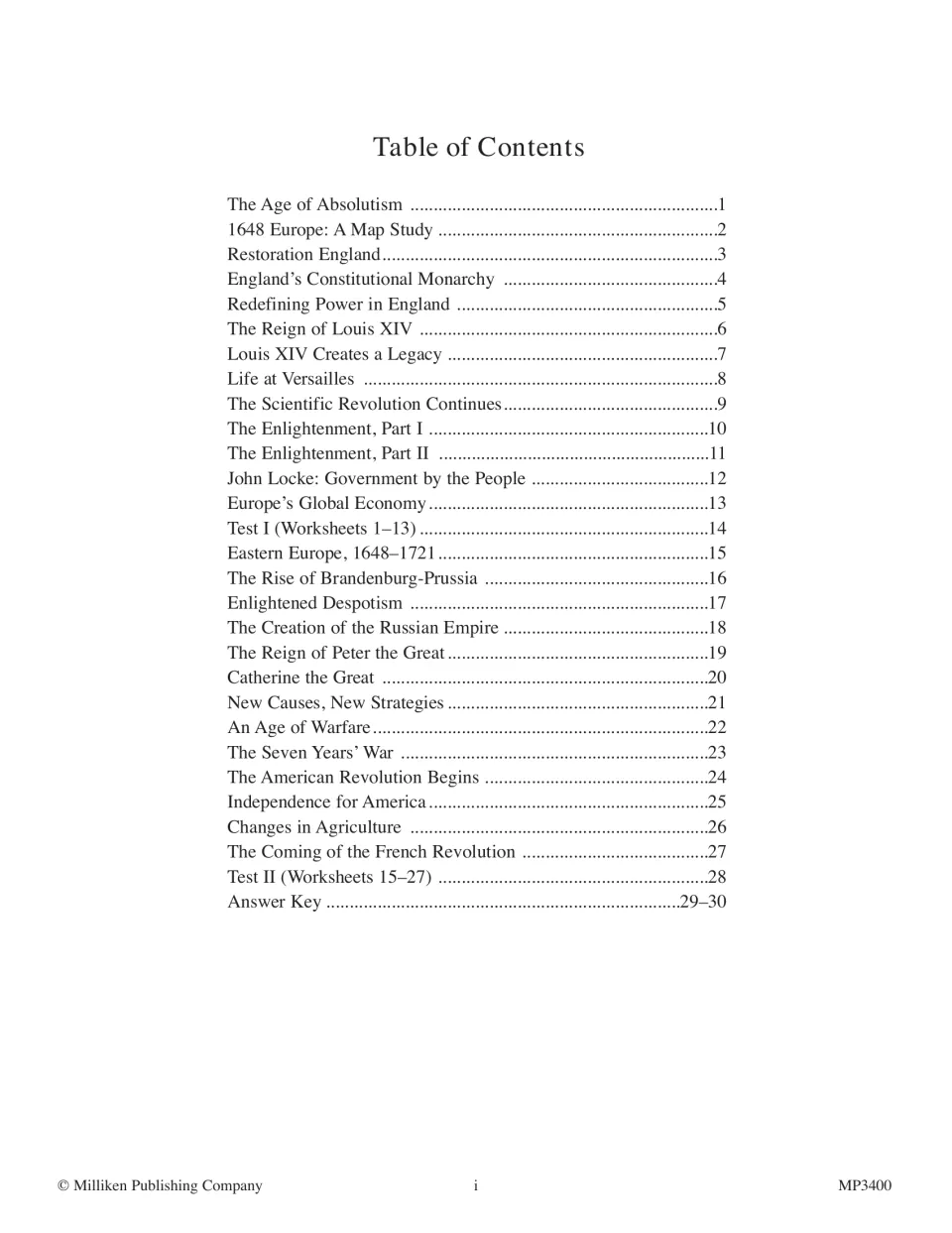 Table of contents: 26 lessons from absolutism's origins to the French Revolution, with two tests and an answer key