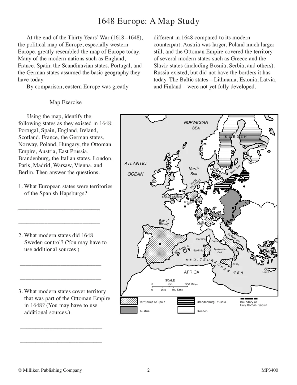 1648 Europe map study: students label states and cities, then answer questions on Spanish, Swedish and Ottoman lands
