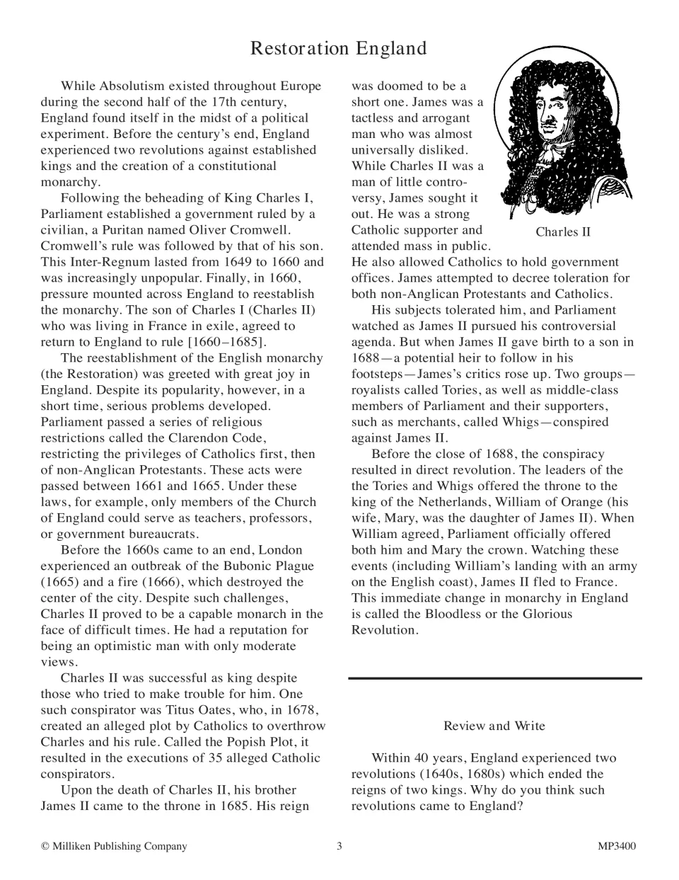 Restoration England reading on Charles II, James II and the Glorious Revolution, with a writing prompt on two revolutions