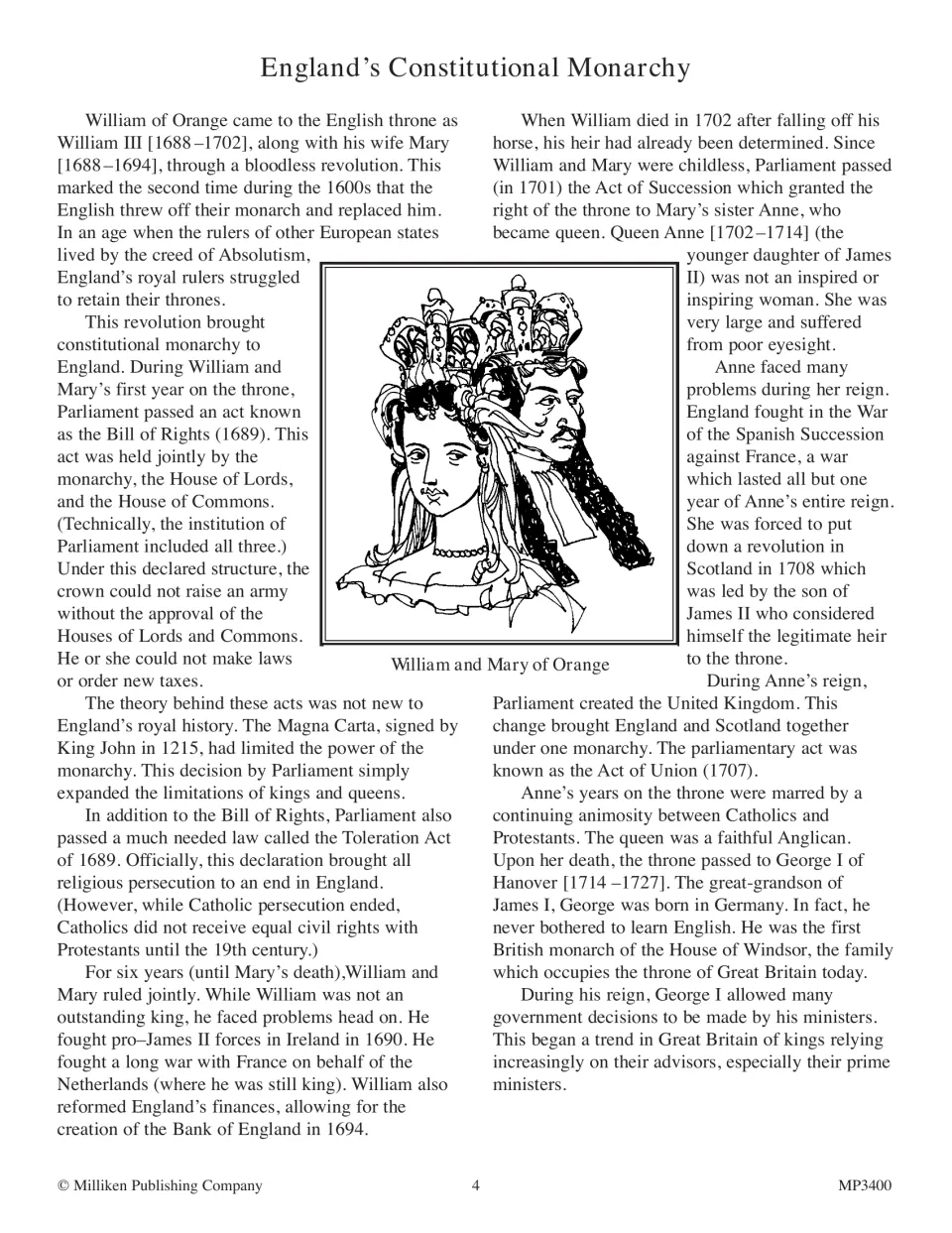 England's constitutional monarchy: reading on William and Mary, the 1689 Bill of Rights, Queen Anne and the Act of Union