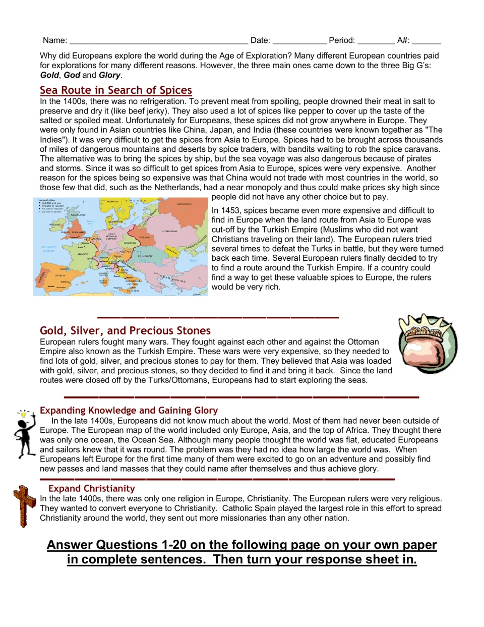 Reading on why Europeans explored: Gold, God and Glory, the spice trade and the Ottoman Empire, with a map of Europe