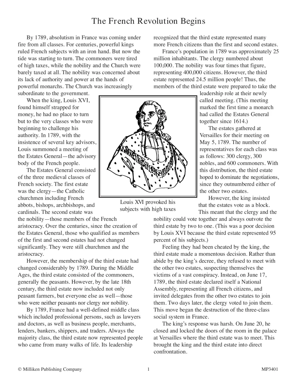'The French Revolution Begins' reading on the three estates, the 1789 Estates General and the National Assembly