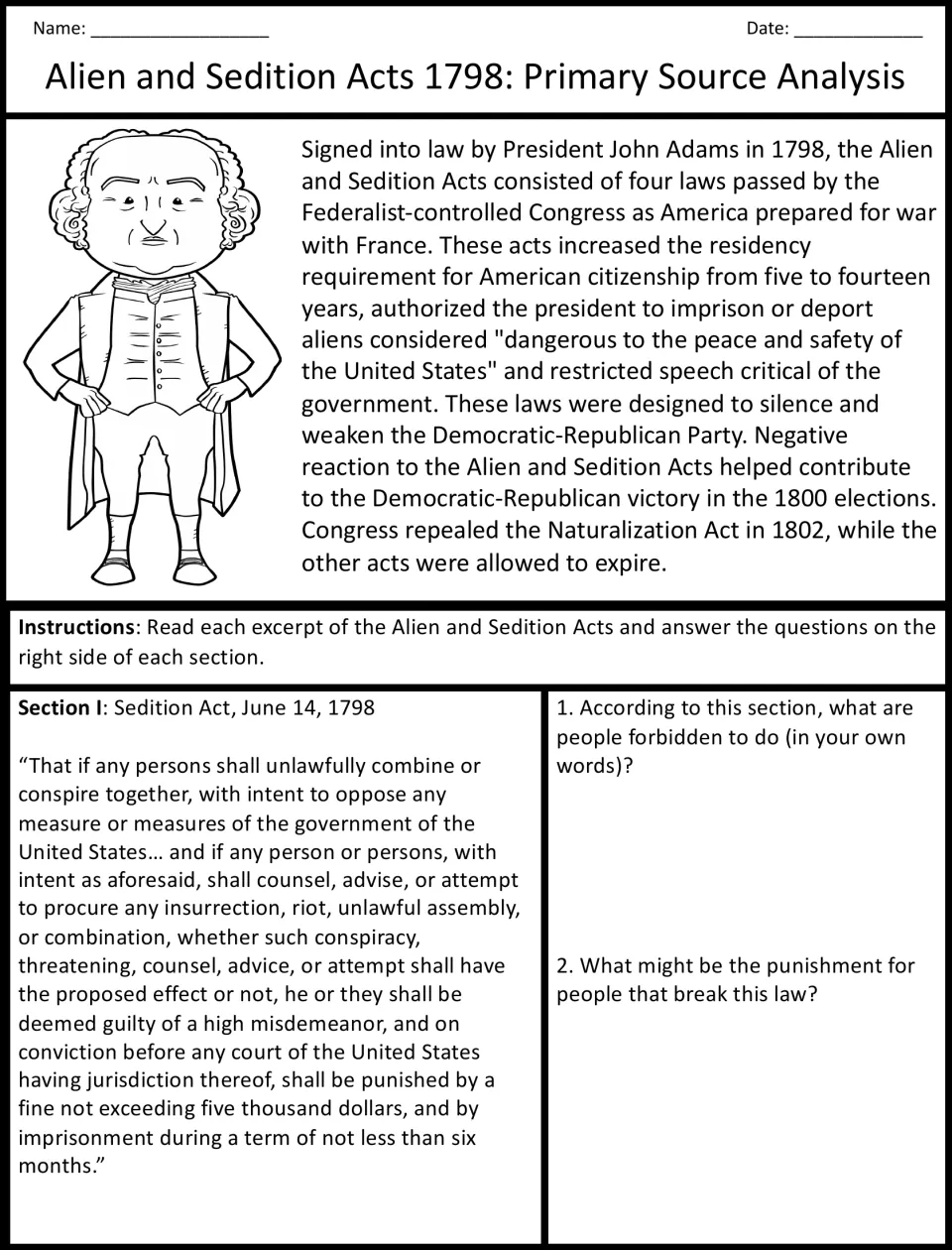 Sedition Act of 1798 reading: John Adams background, then students answer what Section I forbids and its punishment