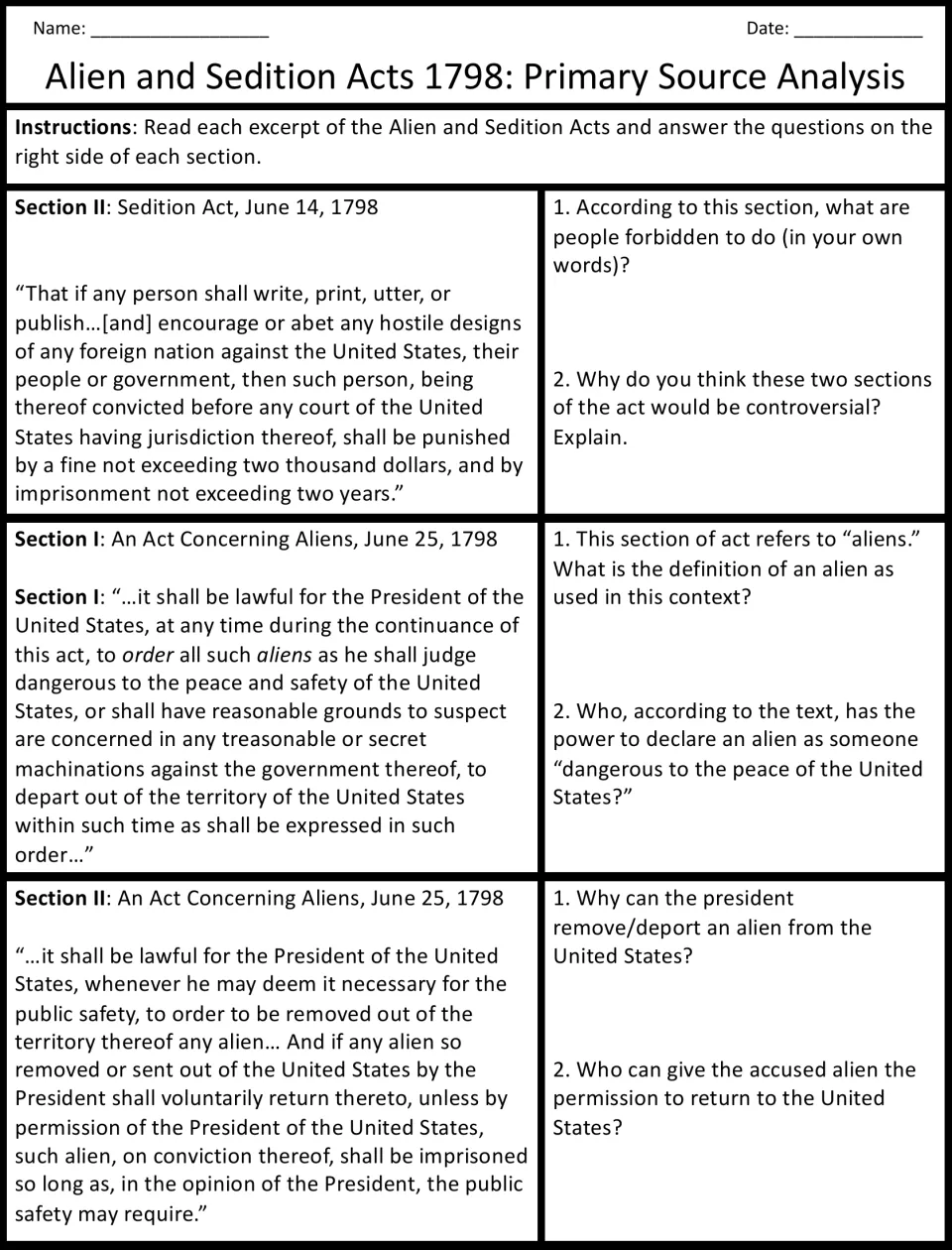 Sedition Act Section II and Alien Act Sections I-II excerpts: students define alien and explain the president's power