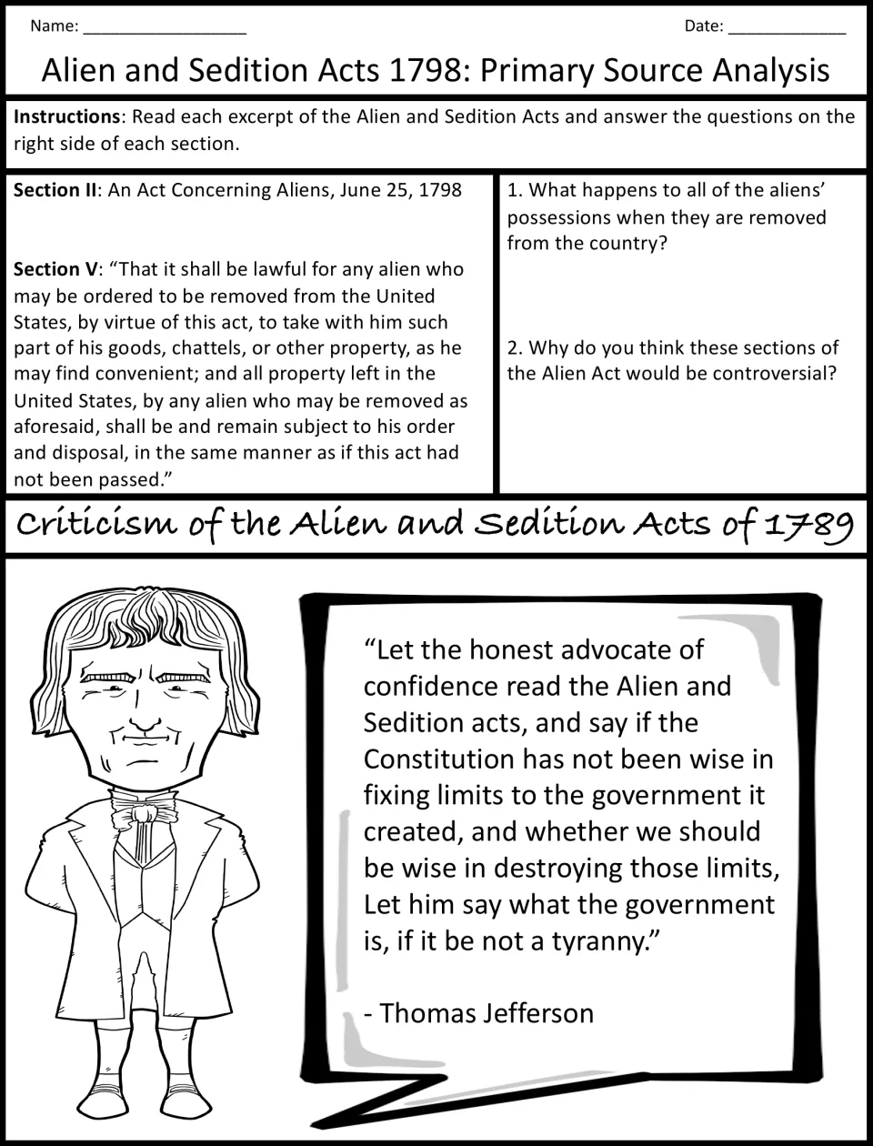 Alien Act Section V on deported aliens' property with two questions, then Thomas Jefferson's quote calling the acts tyranny