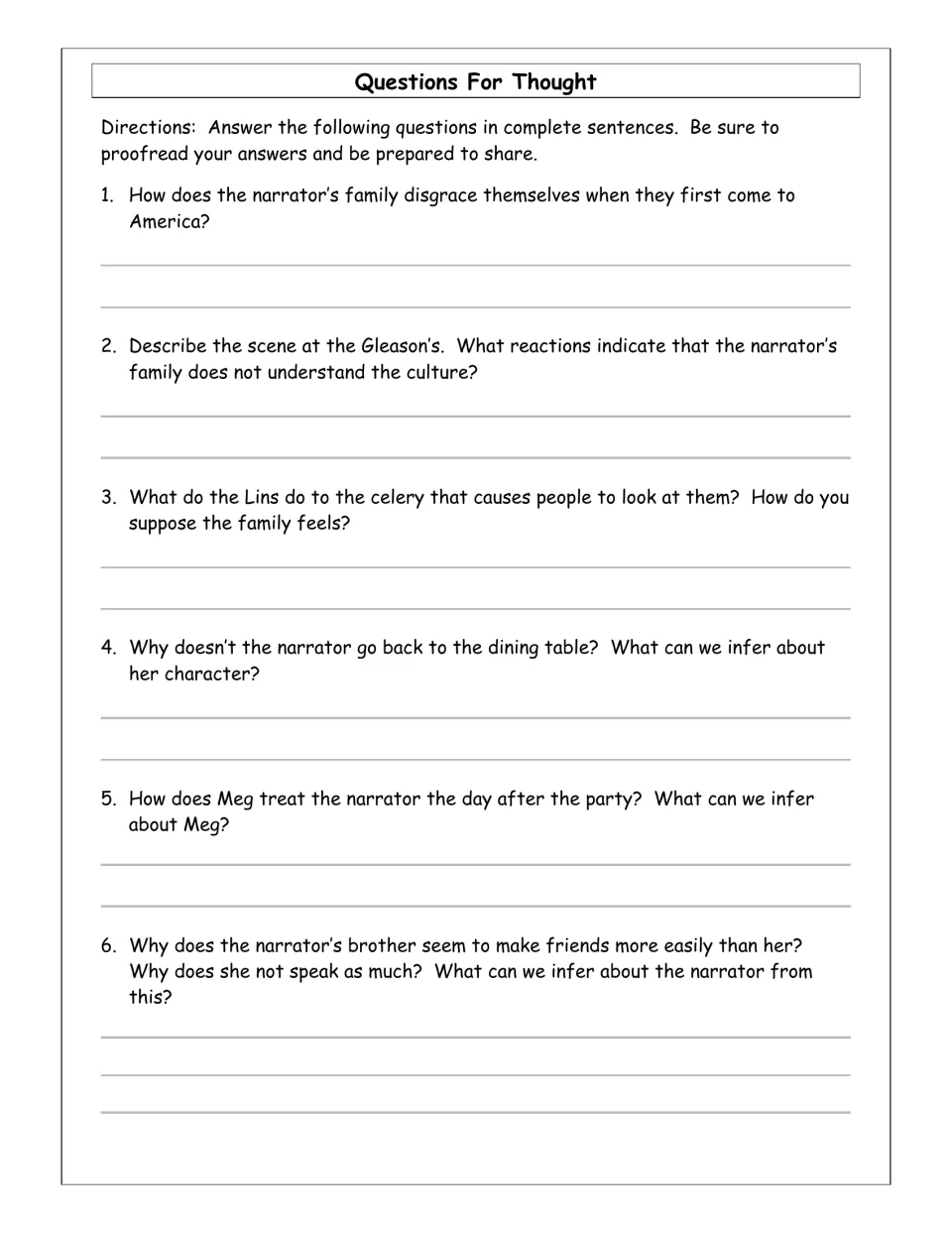 Questions for Thought 1-6: students infer about the narrator, Meg and the Lins from the celery scene and the party