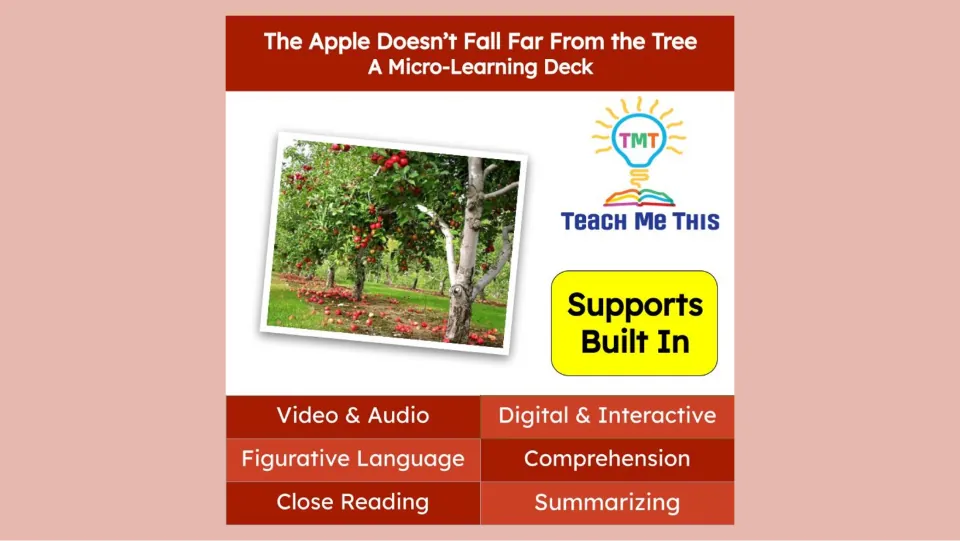 Cover of The Apple Doesn’t Fall Far From the Tree micro-learning deck, featuring audio and reading skills
