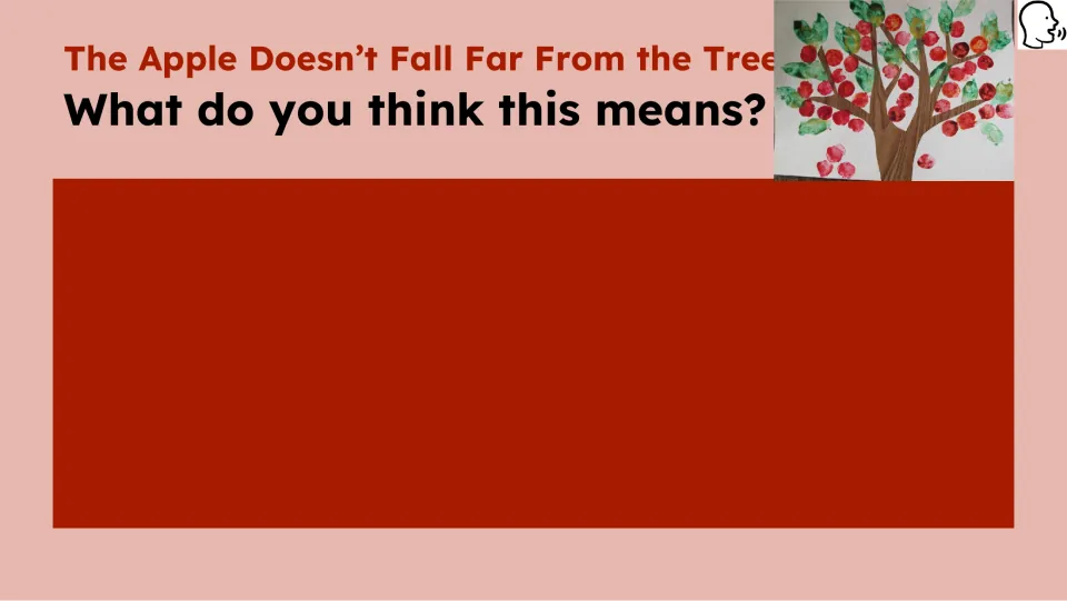 Opening prompt asks “What do you think this means?” about the lesson’s saying that compares apples and trees