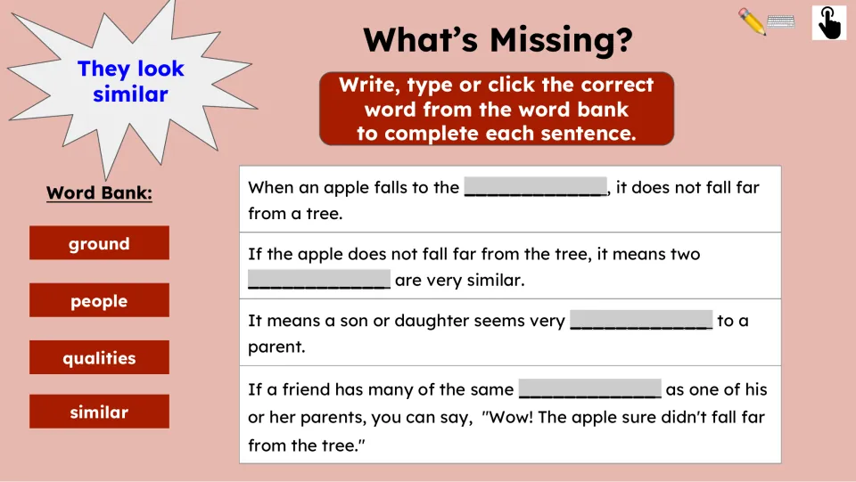 Fill-in-the-blank comprehension activity uses ground, people, qualities, and similar to complete four sentences
