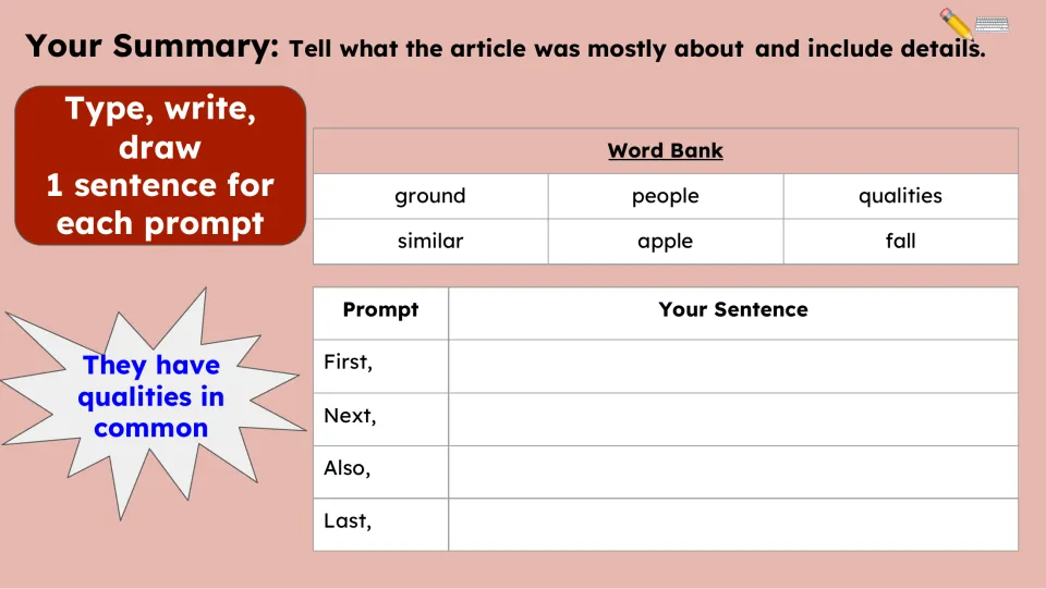 Summary task asks for one sentence each using First, Next, Also, and Last, supported by a six-word bank