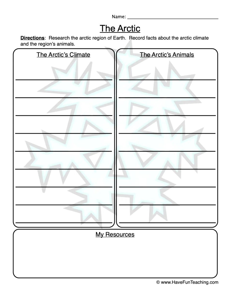 Arctic research worksheet for recording facts about the region's climate and animals and listing sources.