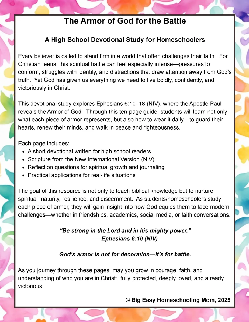 Introduction to a high school devotional study of Ephesians 6:10-18 with NIV Scripture and reflection questions