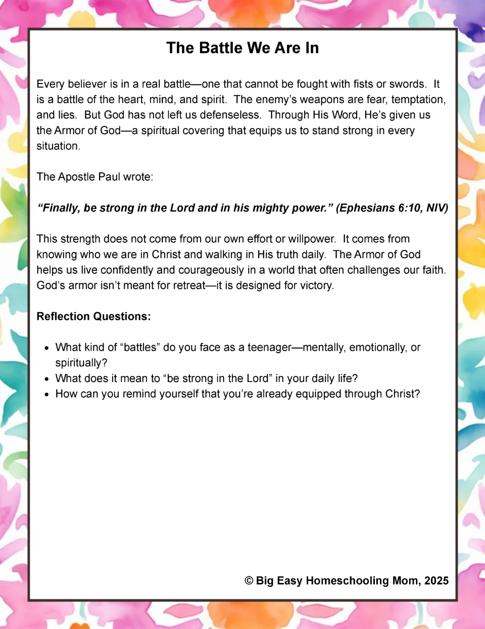 The Battle We Are In: devotional on Ephesians 6:10 with reflection questions on the battles teens face and inner strength