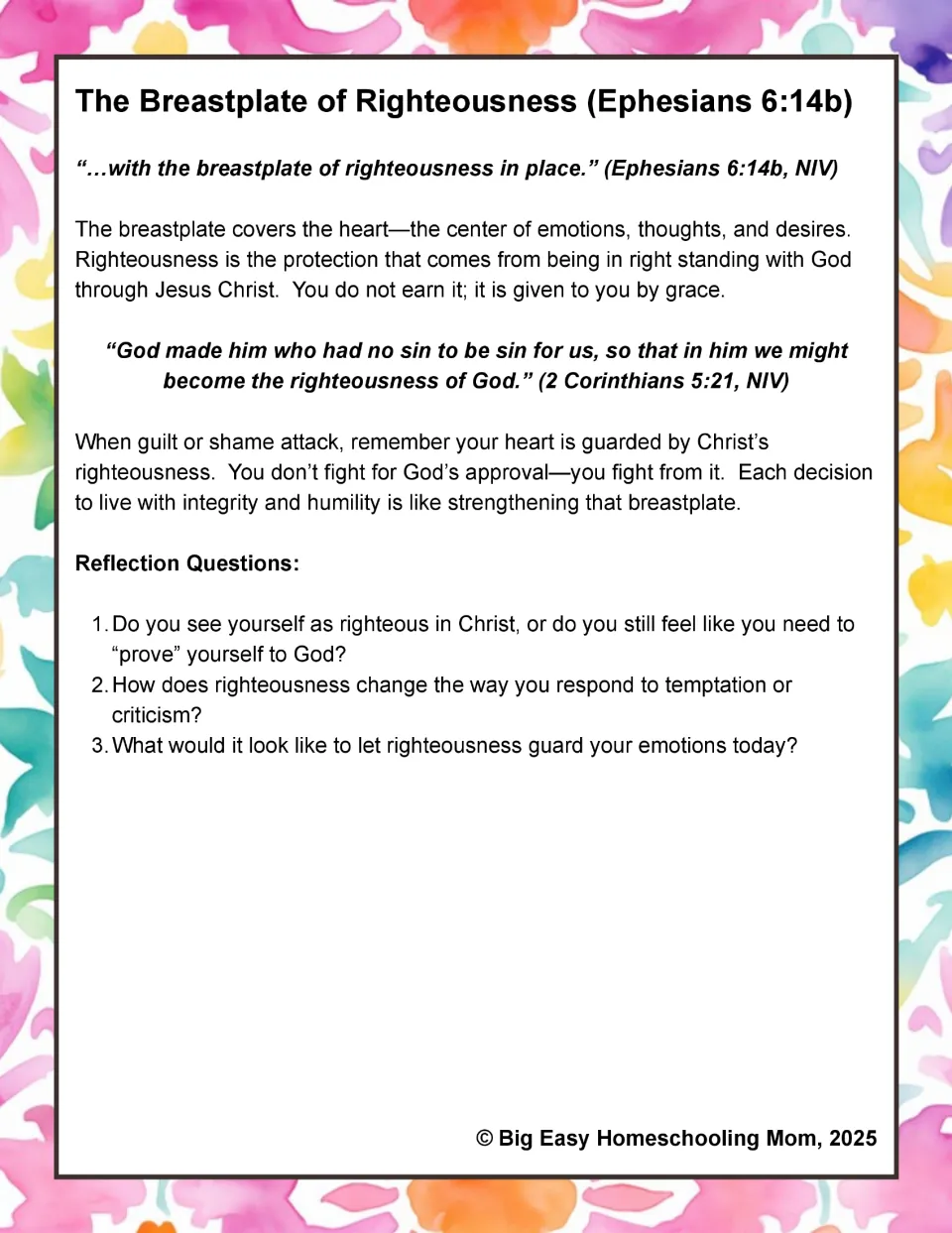 Breastplate of Righteousness, Ephesians 6:14b: devotional with 2 Corinthians 5:21 and three numbered reflection questions
