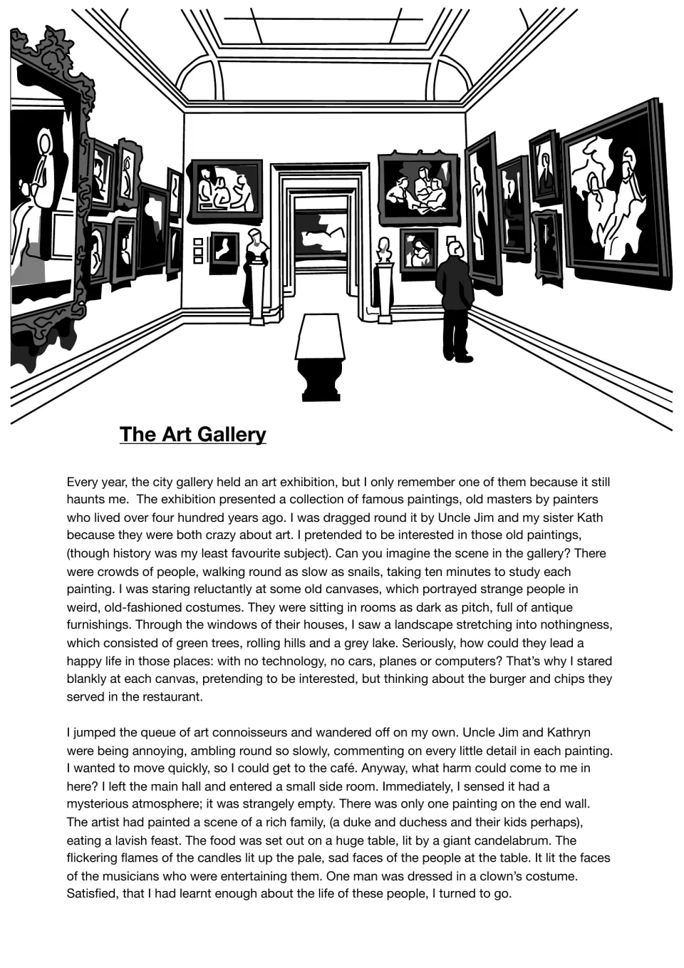 Model story opening: a boy tours a city art exhibition, slips into a side room and sees a feast painting with a clown