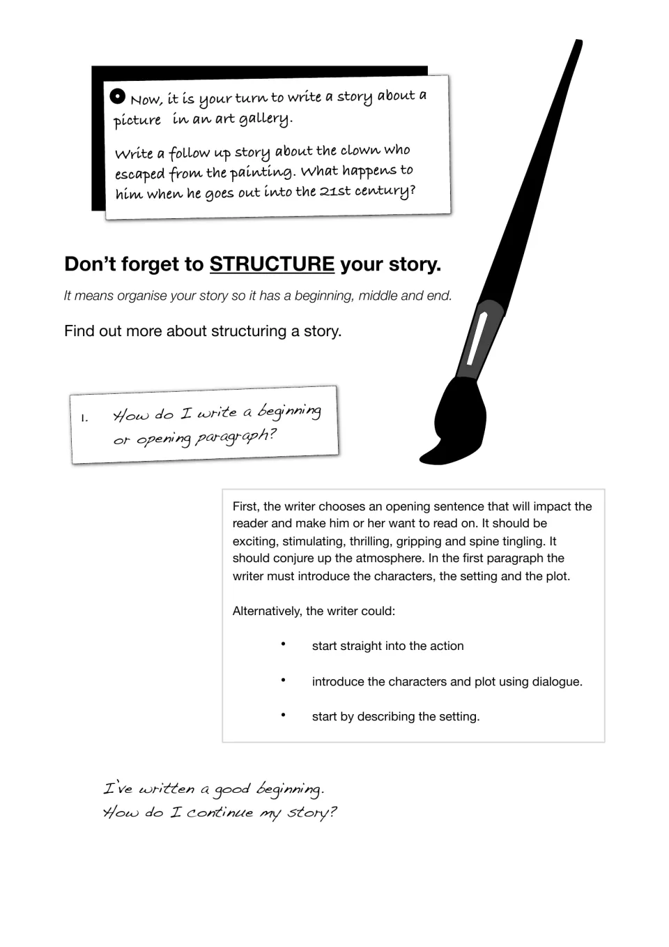 Writing task: students write a follow-up story about the escaped clown in the 21st century, with tips on opening paragraphs