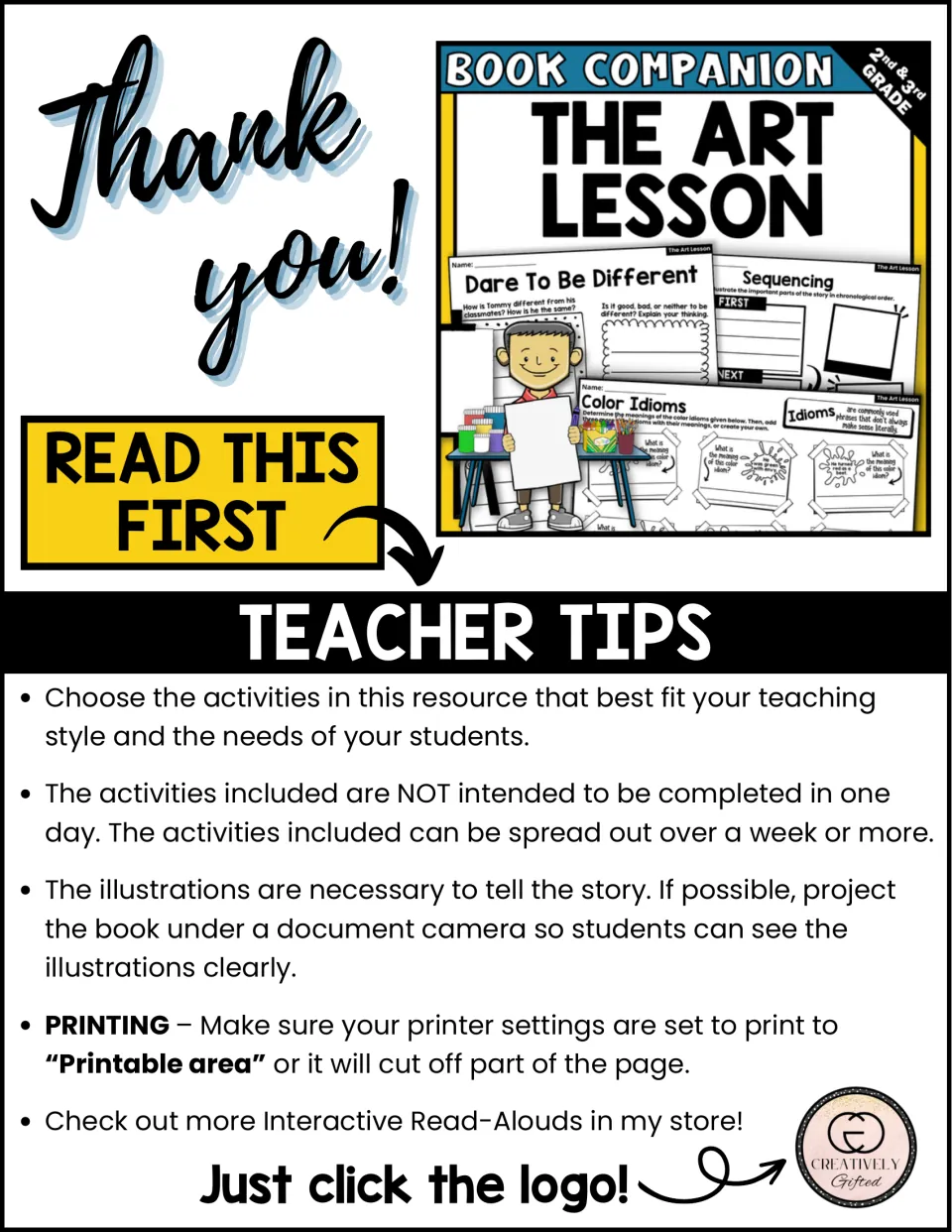 Teacher tips for the book companion cover choosing activities, pacing, showing illustrations, and printing.
