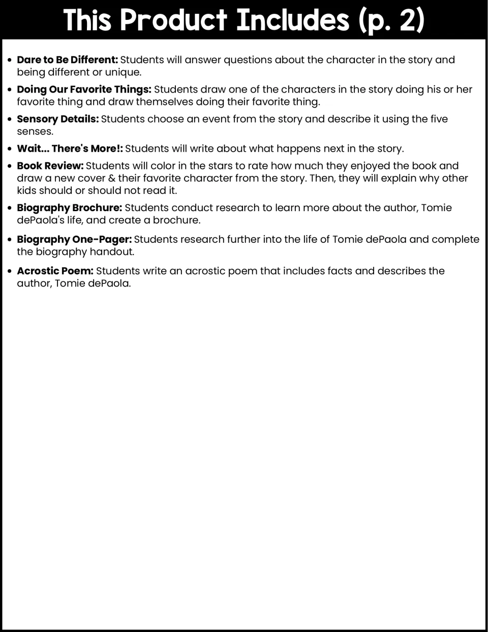 Activity list, part 2: being unique, favorite things, sensory details, book review, and author research.
