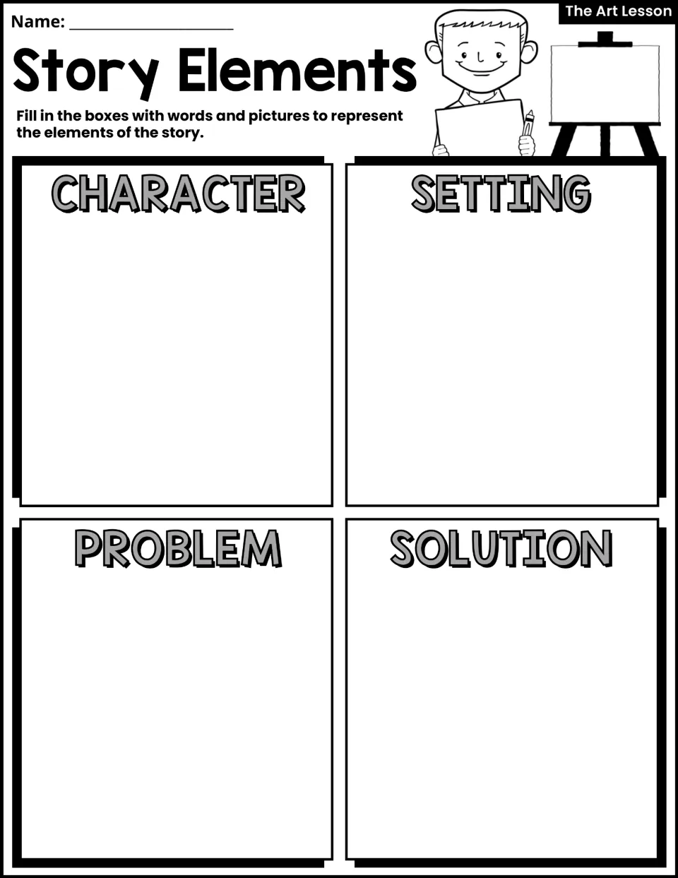 Story Elements activity asks students to represent character, setting, problem, and solution in words and pictures.