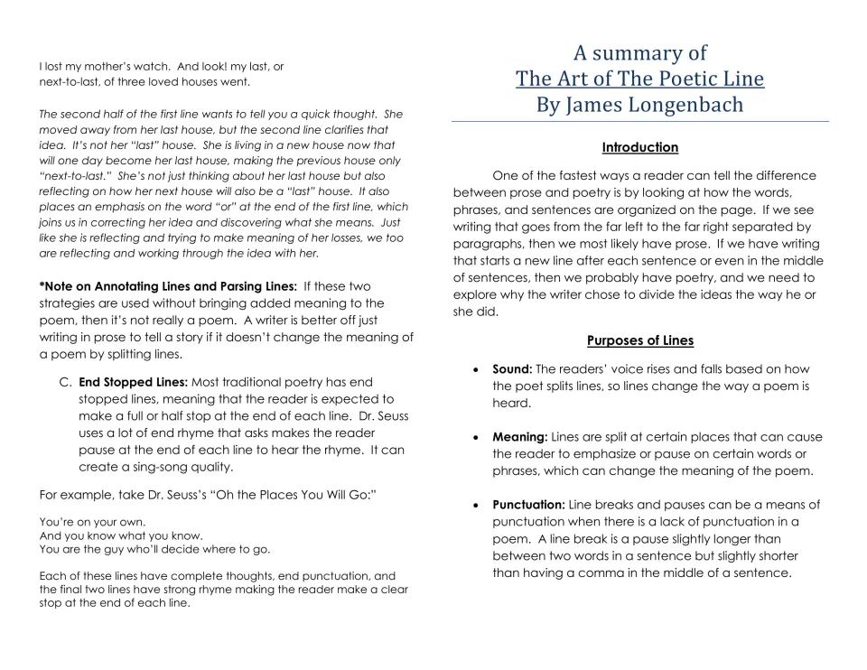 Longenbach summary on poetic lines: students read why poets break lines, then see end-stopped lines in a Dr. Seuss example