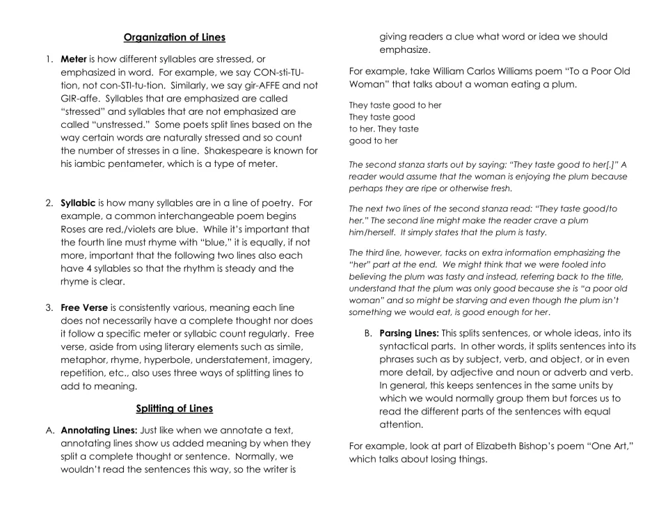 Organization of lines: meter, syllabic and free verse defined, then annotating lines in a Williams poem and parsing lines