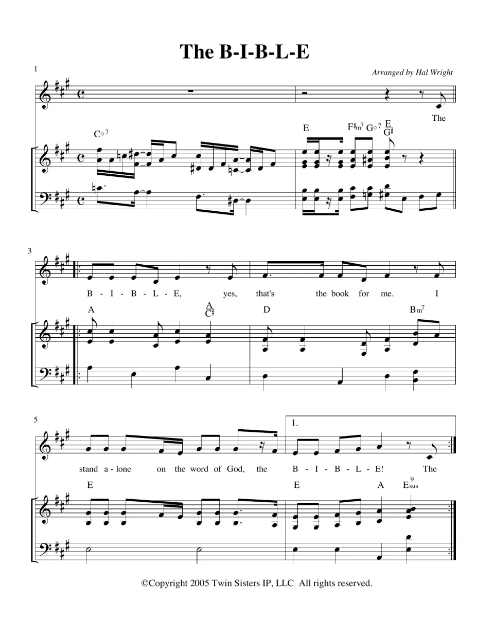 Song 'The B-I-B-L-E' bars 1-6: vocal line, piano part and chords in A major with intro and first ending repeat