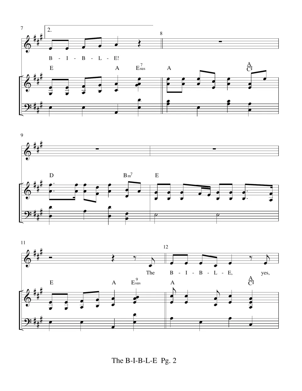 Bible song bars 7-12: second ending, a piano interlude with vocal rests, then singers re-enter on 'The B-I-B-L-E, yes'