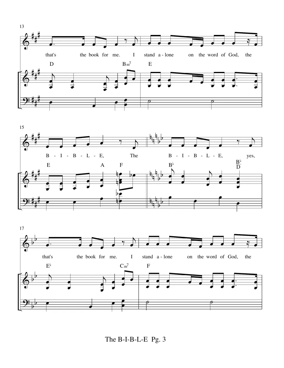 Bars 13-18 of the Bible song: lyrics repeat, then the key changes from A major to B-flat major with chords Eb, Cm7 and F