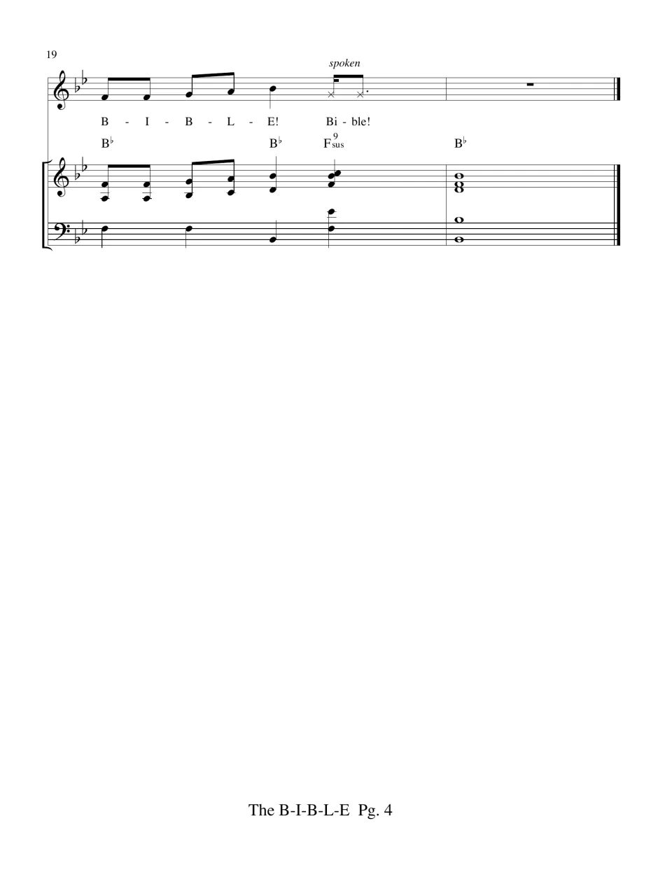 Song ending, bars 19-20: a last sung 'B-I-B-L-E!' then a spoken 'Bible!' over an F sus chord, closing on B-flat
